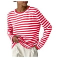 thumbnail image 3 of Women's Comfortable Stripe Long Sleeve Round Neck Sweater Top Red qILAKOG Size S, 3 of 5