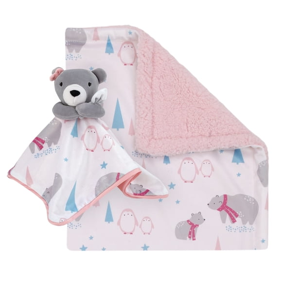 Juego de manta y manta de seguridad NoJo Baby Sherpa, color rosa y gris