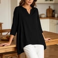 thumbnail image 6 of Qzwdhjm Womens 3/4 Sleeve Tops Stand V Neck Linen Top with Asymmetric Hem Side Pleated Loose Casual Shirts for Summer Going Out, 6 of 7