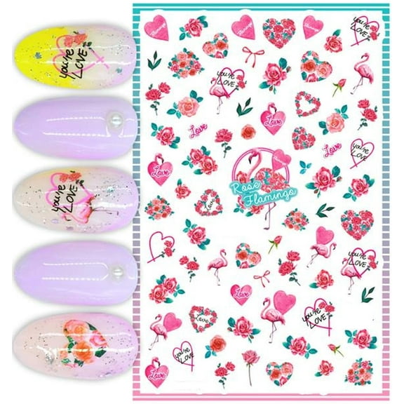 Hearts Tropical Flamingo Summer Life Inspired Nail Stickers Roses Flower Pink Green