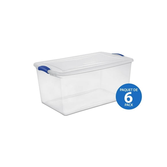 Sterilite 62 Liter Latch Box, Clear Plastic Storage Bin with Lid, Blue Latch, 6 Pk