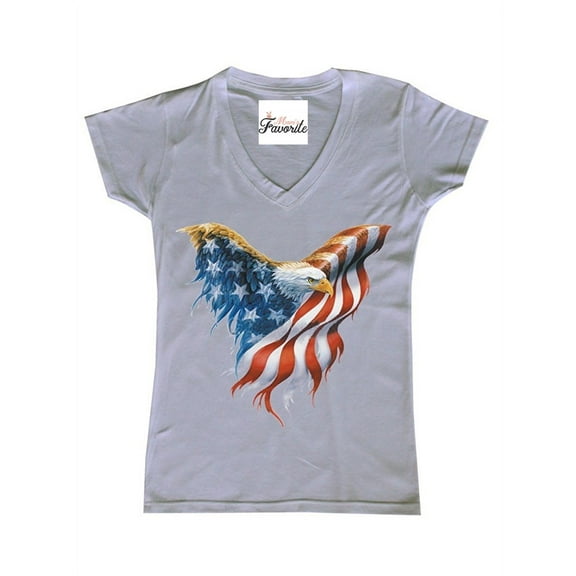Women's T-Shirt V-Neck Short Sleeve - American Flag Eagle USA