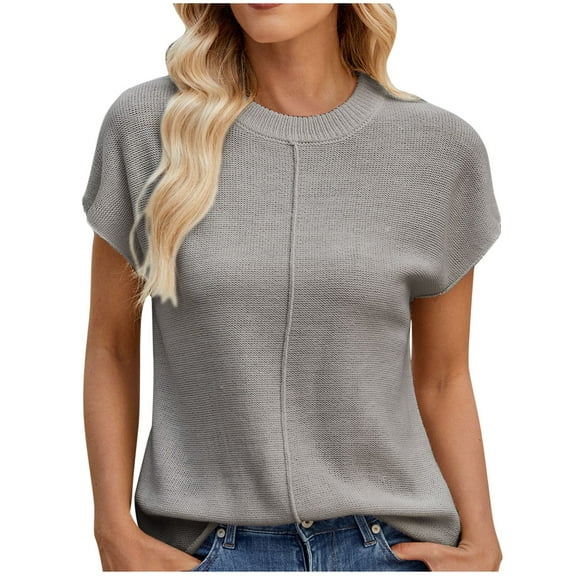 Qiopertar Women's Casual Sweater Top Round Neck Short Sleeve Fashion Knit Pullover Relaxed Comfy Tops, Gray S