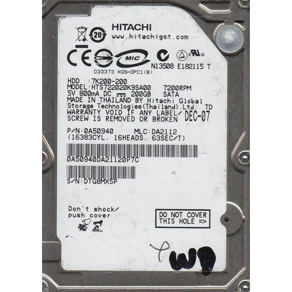 HTS722020K9SA00, PN 0A50940, MLC DA2112, Hitachi 200GB SATA 2.5 Hard Drive