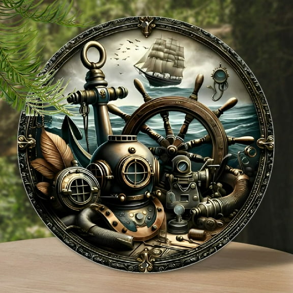 1pc Vintage Aluminum Round Sign, Nautical Adventure Diver & Ship, 7.8x7.8 inch, Retro Maritime Explorer Wall Art, for Bar, Café, Beach House, Backyard Decor