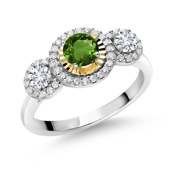 Gem Stone King 0.66 Ct Green Tourmaline E-F Lab Grown Diamond 925 Silver and 10K Yellow Gold 3 Stone Women's Ring (Size 6)