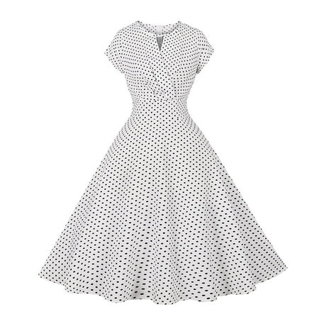 

Dresses That Hide Belly Fat Summer Beach Dots Print Sleeveless Tank Swing Dress White XL