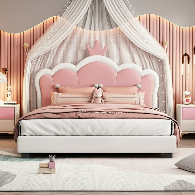 Noble house Full size Upholstered Princess Bed With Crown Headboard,Cream+Pink