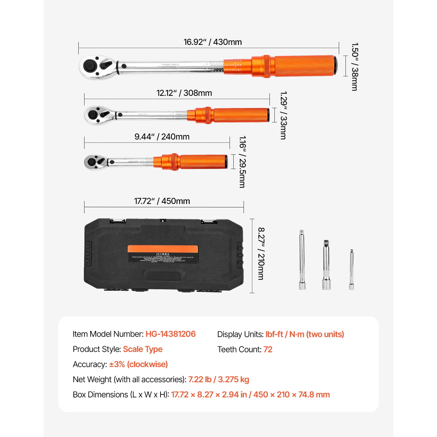 KFFKFF Click Torque Wrench Set, 3 Sizes, 1/4, 3/8, 1/2 Inch Drive, 10-170 lbf-ft, 5-45 lbf-ft, 20-240 lbf-in, Dual-Direction with Dual Range Scales, 72-Tooth, ±3% Accuracy