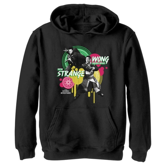 Boy's Marvel Doctor Strange in the Multiverse of Madness Strange and Wong Paint Splatter  Pull Over Hoodie Black X Large