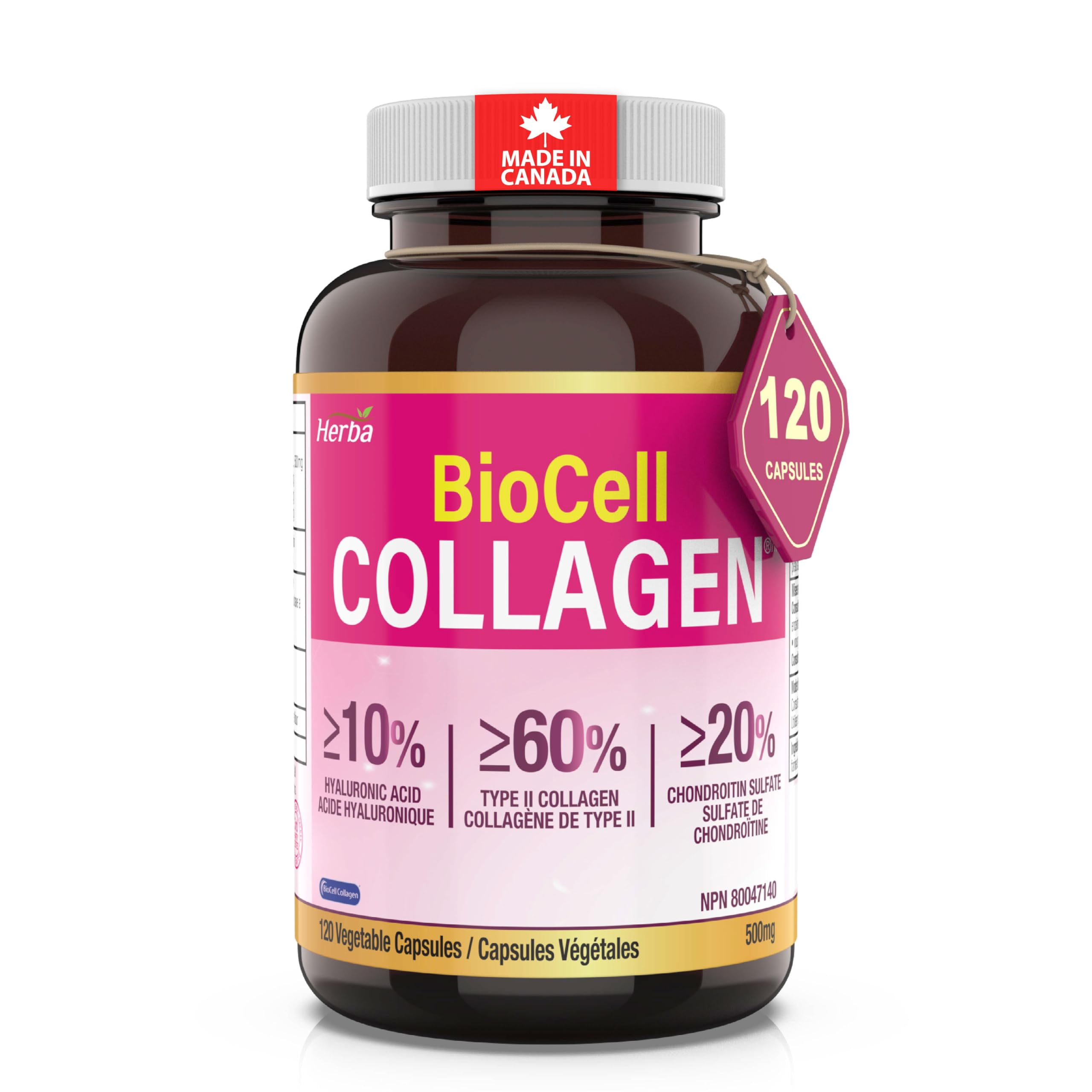 Herba Herba BioCell Collagen Capsules 500mg – 120 Vegetable Capsules | Made in Canada supplement bottle