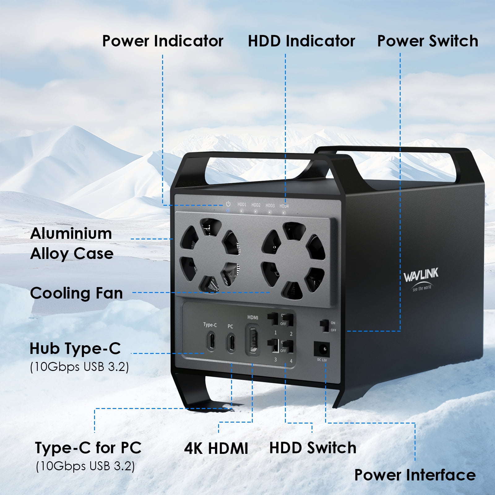 WAVLINK 4-Bay Hard Drive Enclosure for 3.5" and 2.5'' SATA HDD/SSD Featuring 10Gbps USB-C 3.2, 88TB Capacity, Built-in Temp-Controlled Cooling Fans, HDMI 4K Video Output, Aluminum Alloy Shell