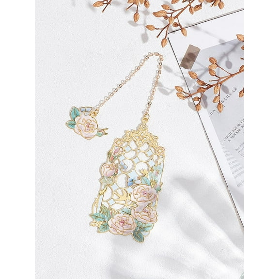 1Pc Metal Flower Pendant Bookmarker Zinc Alloy Enamel Bookmarks Pretty Book Marks for Women Book Lovers Teacher Appreciation Gifts Mother's Day Christmas New Year Birthday Gift 195mm diy