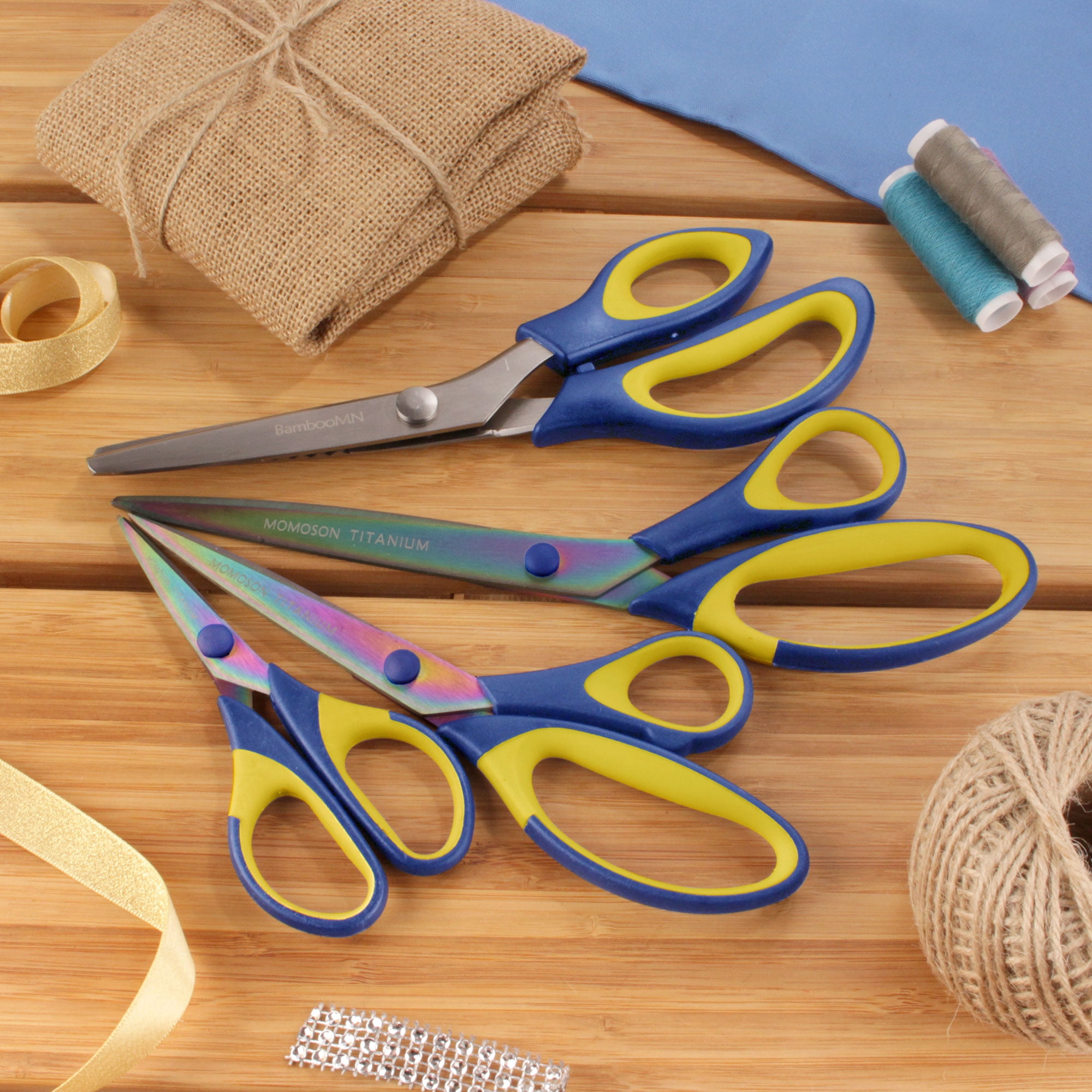 BambooMN Titanium Softgrip Scissors Set - Pinking, Sewing, Arts, Crafts, Office - 10 Sets of 4 - Blue w/Yellow