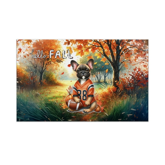 Hello Fall French Bulldog Football Welcome Autumn with Leaves Pumpkins Doormat Dog Lover Gifts Indoor Outdoor Welcome Mat - 00012