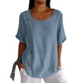 thumbnail image 2 of GXIPO Button Down Shirt Women Cotton Short Sleeve Blouses Crew Neck Collared Button Up Summer Beach Tops Blue L, 2 of 6