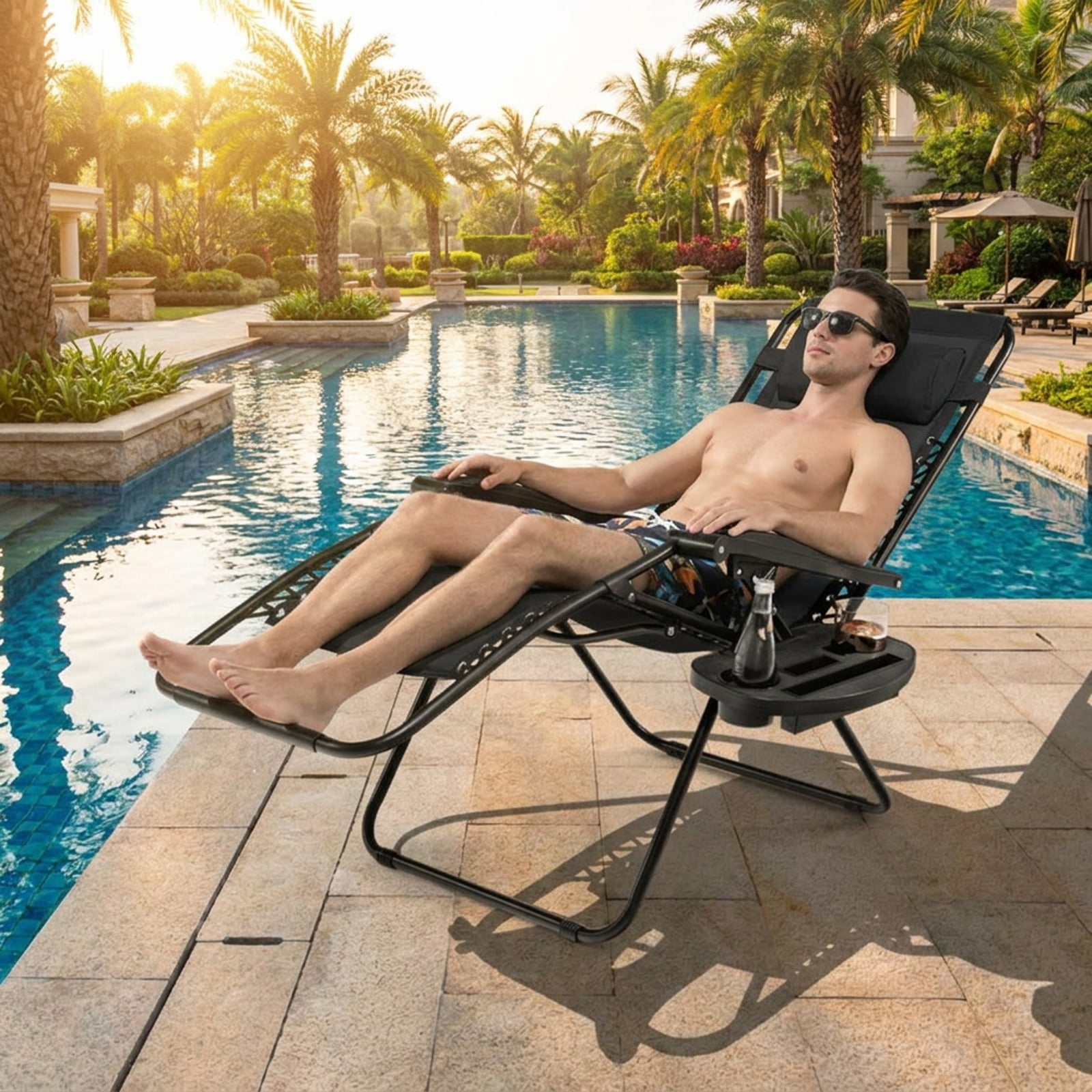 Furnibear Folding Zero Gravity Reclining Lounge Chair with Lockable Recline Removable Cup Holder Tray Detachable Headrest Steel and Aluminum Frame and 350 lb Capacity, Green