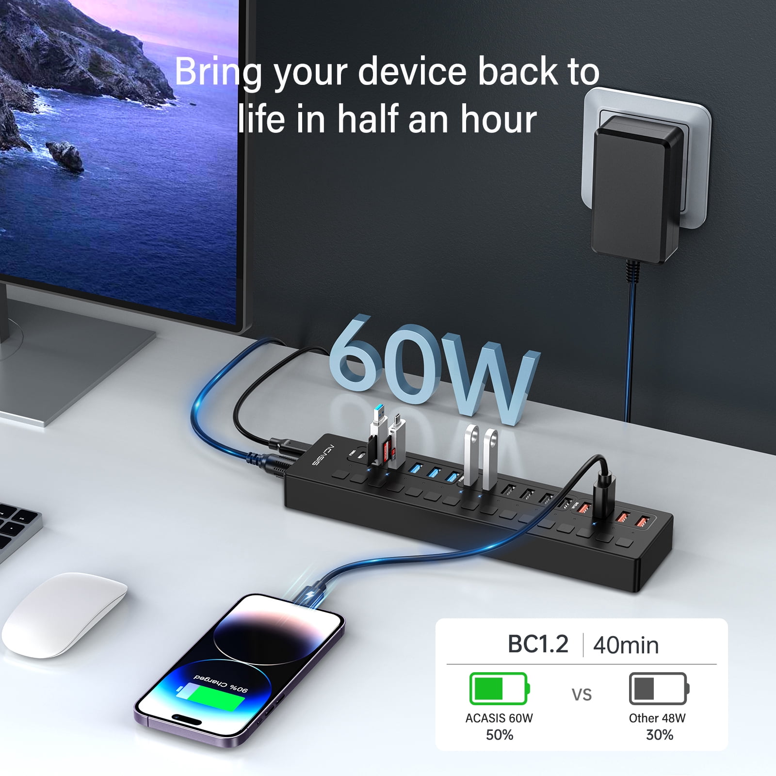 ACASIS 16 Ports USB 3.0 Hub with 5Gbps Data Speed，Aluminum Housing, USB Hub Powered with 60W Power Adapter, USB Hub for PC/Laptop, Computer, Flash Drive, Printer, Camera