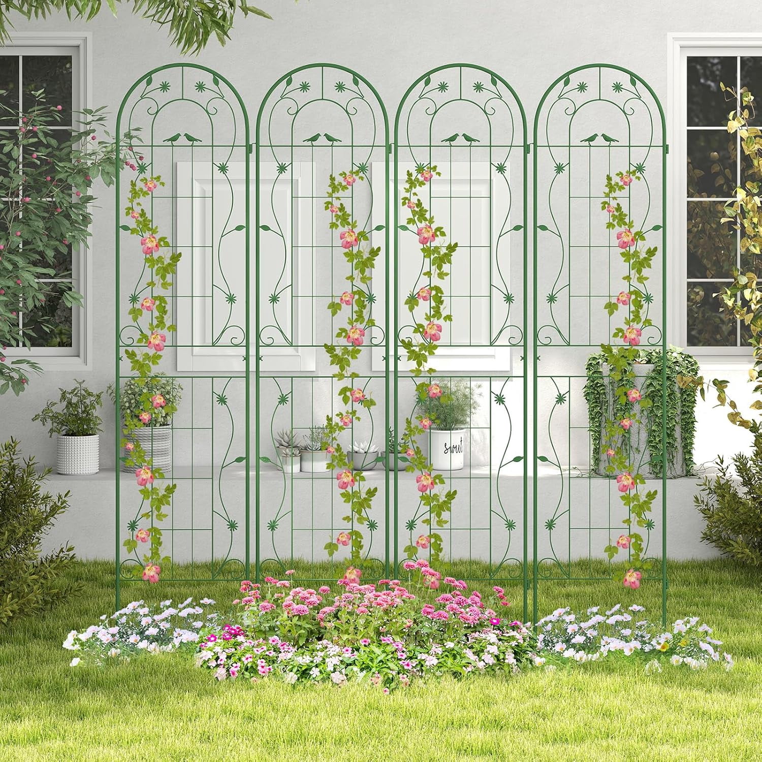 CHTER 2 Pack Garden Trellis, 7.2 FT Tall Galvanized Steel Trellis for Climbing Plants Outdoor for Patio Lawn Wall Decor, Plant Trellis for Vine Cucumber Tomato Flower Clematis Roses, Green