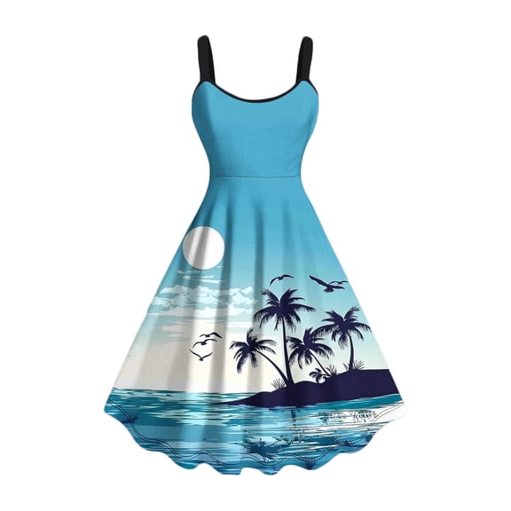 Lovzfmll Sundress for Women, Crew Neck Sleeveless with Spaghetti Straps & Palm Print, Relaxed Fit Vacation Mid-Length Dress Sky Blue, S