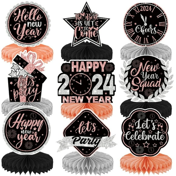 Ensemble de Fête du Nouvel An Rose Doré Étincelant - Kit de Centre de Table 9 Pcs pour Décoration de Célébration 2024 - Fournitures Festives pour NYE Bash