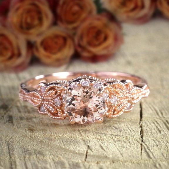 Round Cut 1.25 Carat Peach Pink Morganite And Diamond Moissanite Engagement Ring Jewelry With 18K Gold Plating