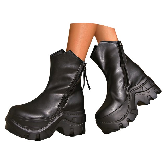 Dakaela Bottes à Plateforme à la Cheville pour Femmes, Talon Haut Épais, à Enfiler, Bottillons, Style Combat, Moto, à Talon Compensé