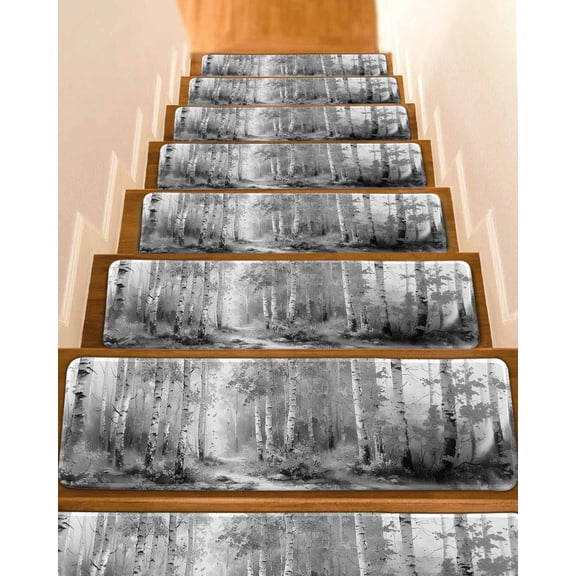 Stair Treads for Wooden Steps, Grey Peel and Stick Stair Treads with Reusable Adhesive, Modern Oil Painting Art Forest Non Slip Indoor Stairs Runner Rugs Mats for Elders Dogs 8"x30" 4PCS