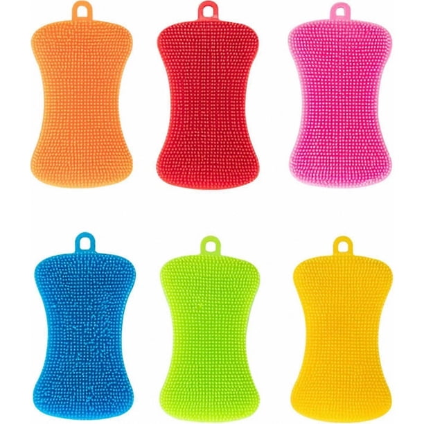 Multi-Colored Silicone Sponges for Kitchen Cleaning, Set of 6 Dishwashing Scrubbers