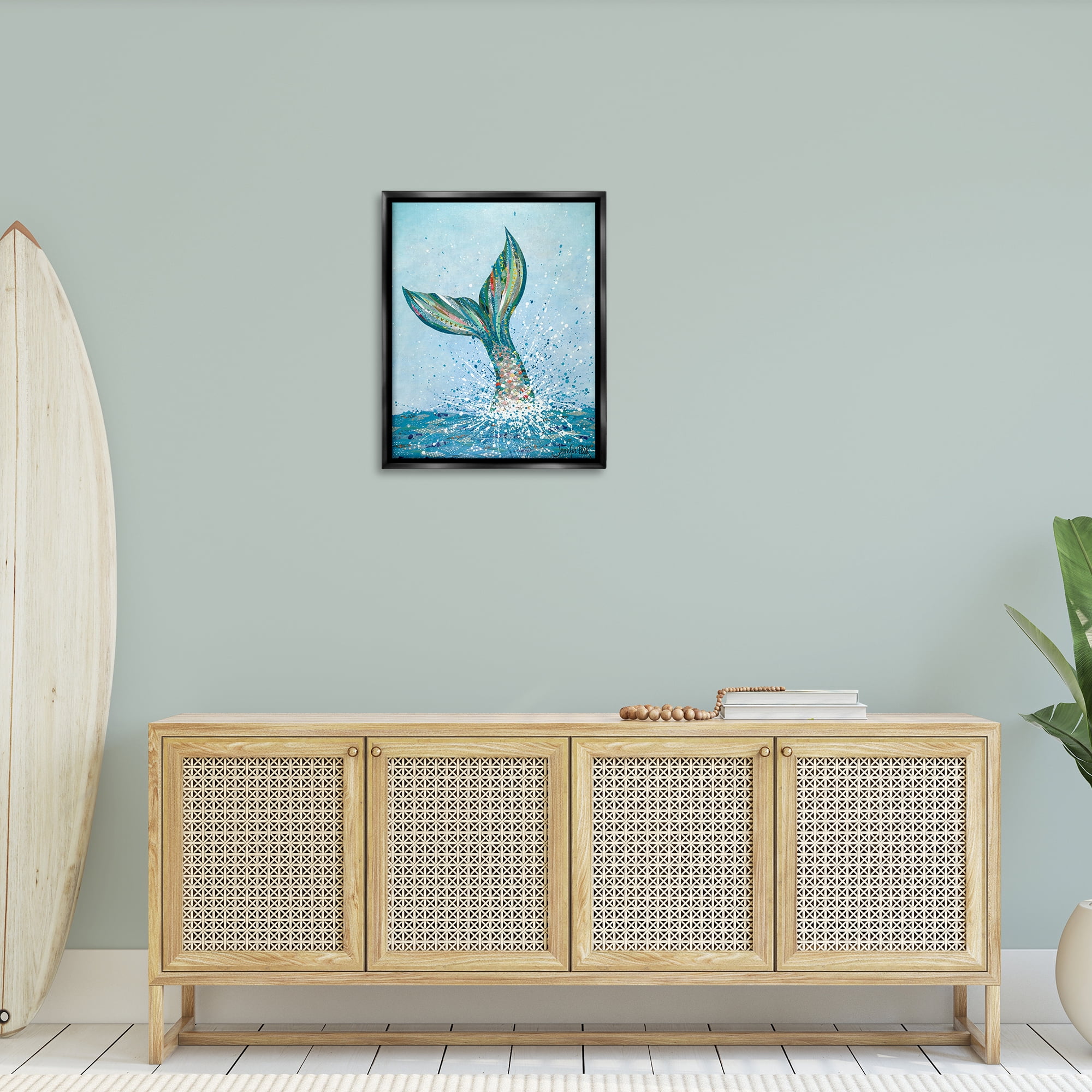 Stupell Industries Diving Mermaid Tail Fairy Tales & Fantasy Painting Black Floater Framed Canvas Art Print Wall Art, 25 x 31