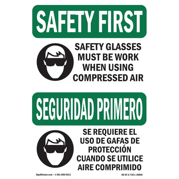 SignMission OS-SF-D-35-L-10866 OSHA Safety First Sign - Safety Glasses Must Be Worn Bilingual