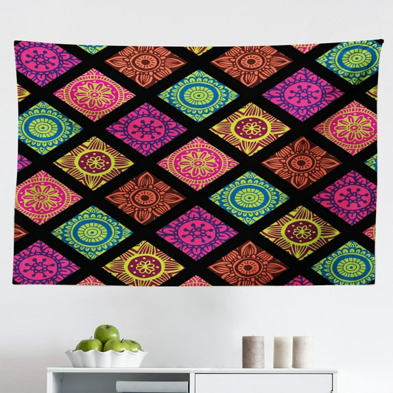 Ethnic Tapestry, Ornament in Contrasting Colors Cultural Motifs Old Style, Fabric Wall Hanging Decor for Bedroom Living Room Dorm, 2 Sizes, Dark Brown and Ivory, by Ambesonne