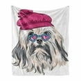 thumbnail image 1 of Indie Soft Flannel Fleece Throw Blanket, Lion Bichon Lowchen Breed Dog with Heart Shaped Glasses and French Hat Print, Cozy Plush for Indoor and Outdoor Use, 70" x 90", Grey Pink Blue, by Ambesonne, 1 of 6