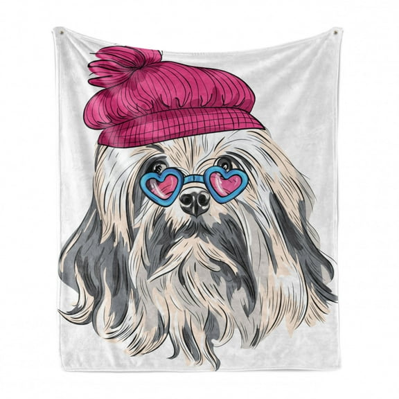 Indie Soft Flannel Fleece Throw Blanket, Lion Bichon Lowchen Breed Dog with Heart Shaped Glasses and French Hat Print, Cozy Plush for Indoor and Outdoor Use, 70" x 90", Grey Pink Blue, by Ambesonne