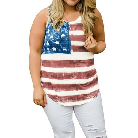 Plus Size Womens Independence Day American Flag Print Summer Sleeveless Tank Vest Blouse