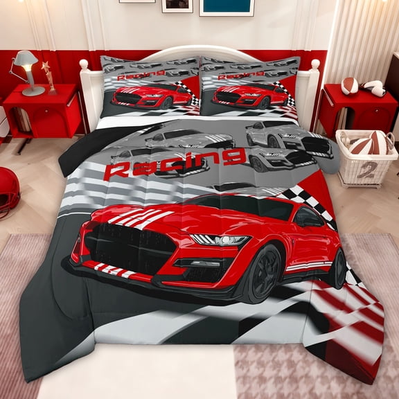 jejeloiu Red Cool Car Twin Comforter Sets,Extreme Sport Lover Bedding Set For Racing Gamer Reversible 2 Pieces