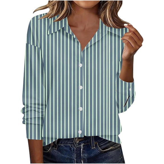 Wensltd Lapel Button Down Shirts for Women Dressy Stripe Printed Long Sleeve Blouse