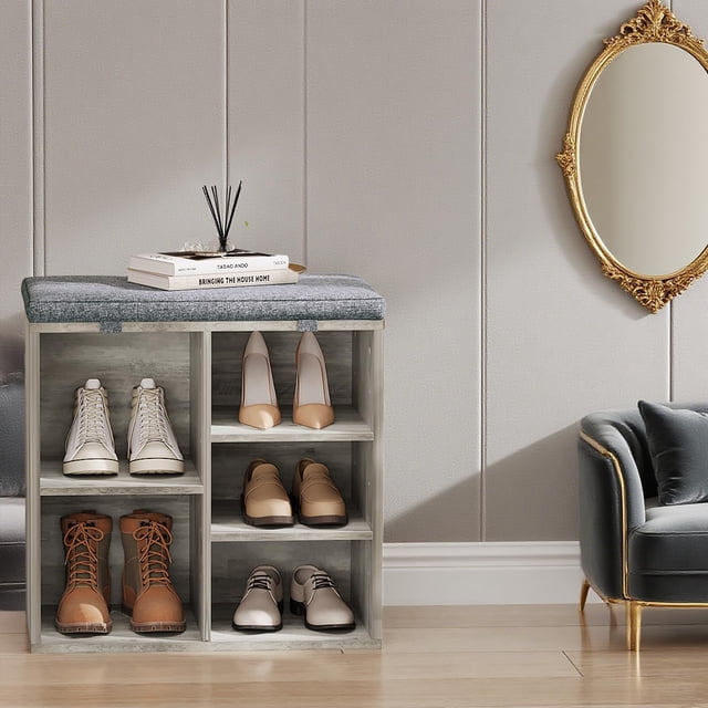 Kojooin Shoe Storage Bench for Entryway, 5-Cubby Organizer with Cushion, Adjustable Shelves and Accessories Bag