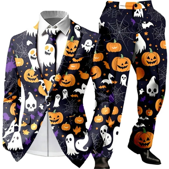 FEIFLY Halloween Men's Suits Cartoon Print Long Sleeve Blazers Pants For Festive Occasions Stylish Attire For Parties And Celebrations Comfortable Design For All Day Wear Birthday Dailywear