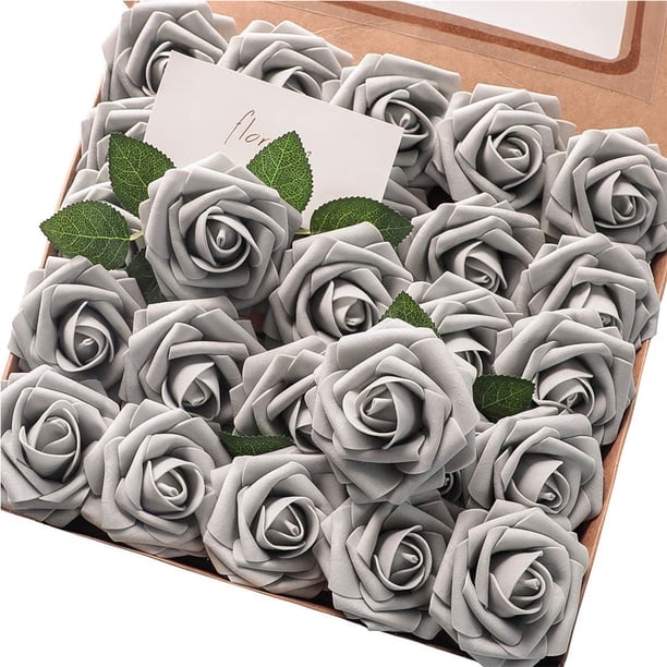 Flores artificiales, 25 rosas falsas con tallos y 2 hojas para decoración de fiestas, ramos de boda DIY
