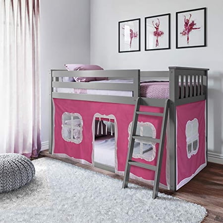 Max & Lily Low Bunk Bed With Fun Play Curtains - Twin Size, White - Perfect For Kids' Rooms And Small Spaces