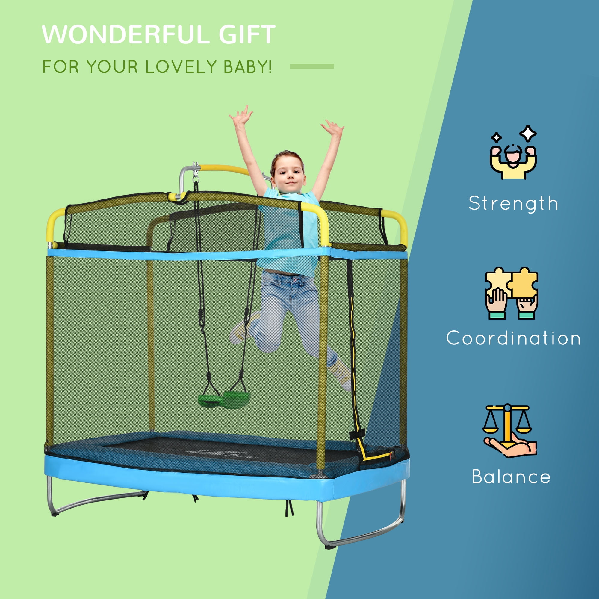 Qaba 3-in-1 Trampoline for Kids, 6.9' Kids Trampoline with Enclosure, Swing, Gymnastics Bar, Toddler Trampoline for Outdoor/Indoor Use, Light Blue