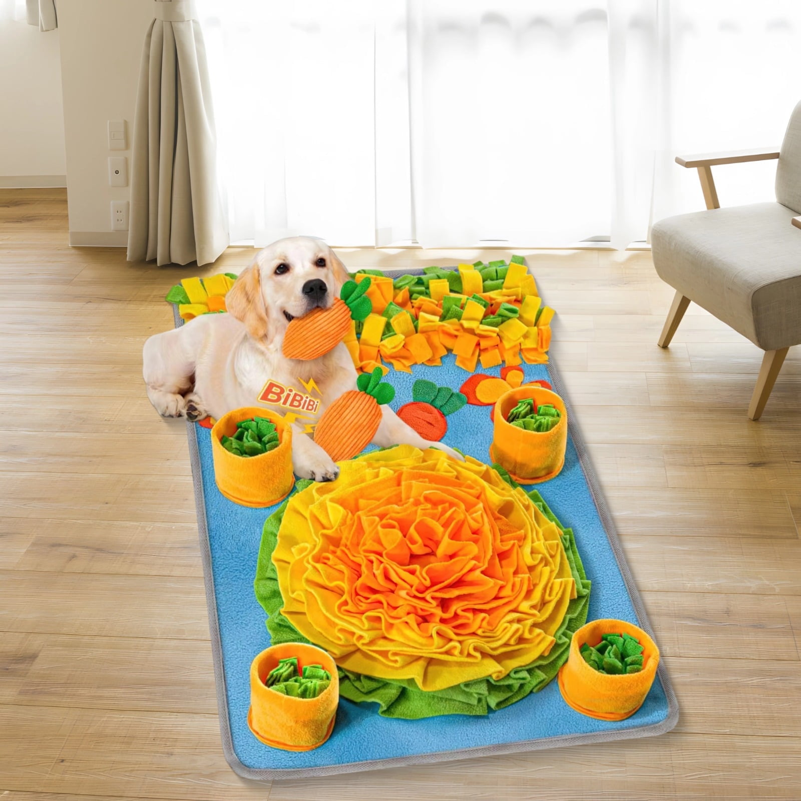 Snuffle Mat for Dogs, Large Breed Sniff Mat, 50 x 80 in Colorful Foraging Mat, Includes 2 Carrot Dog Toys, Ideal for Anxiety Relief and Slow Feeding