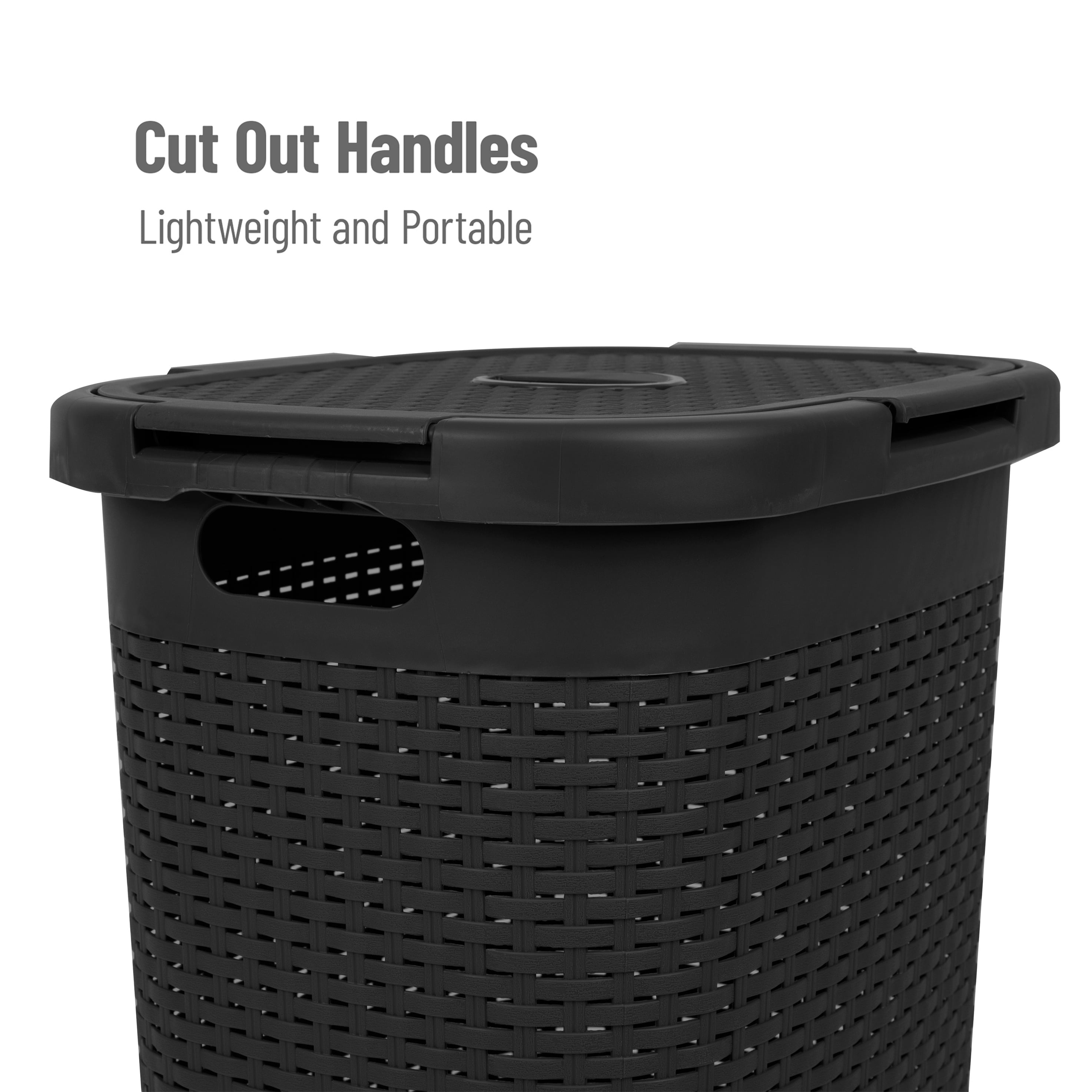 Mind Reader 60L Slim Laundry Hamper, Clothes Basket, Lid, Wicker Design, Plastic, 17.65"L x 13.75"W x 24.15"H, Set of 3, Black