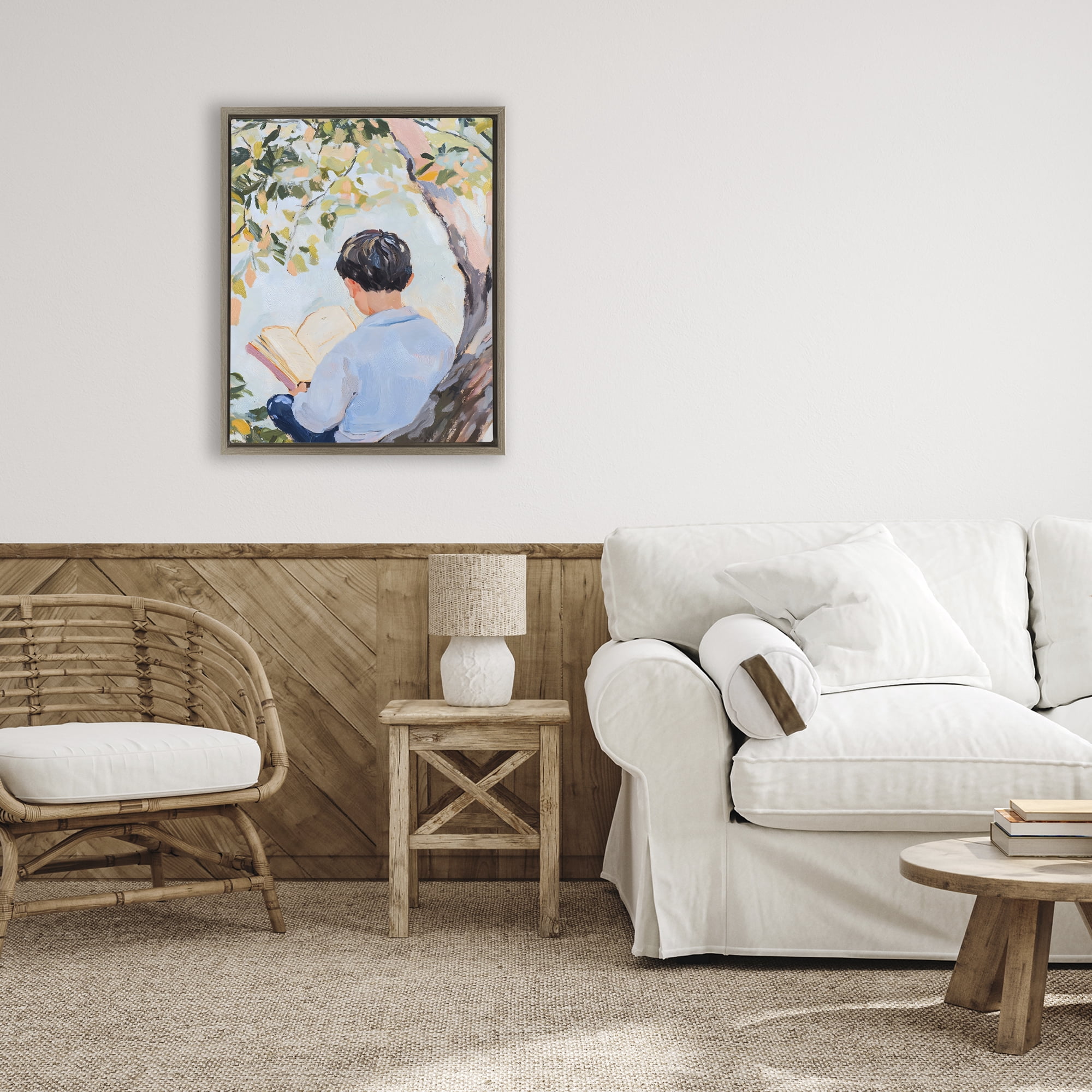 Stupell Industries Boy Reading in Nature Brown Framed Floater Canvas Wall Art, design by The Prints Vibe