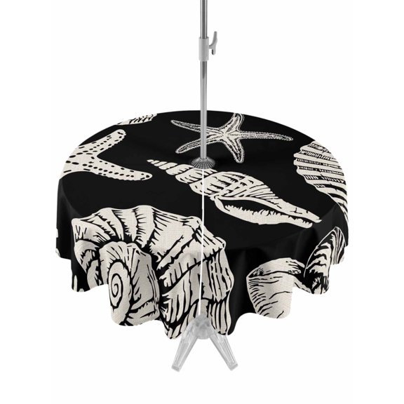 Outdoor Tablecloth with Umbrella Hole for Patio/Picnic/Party/Camping, Black Starfish Coastal Waterproof Table Cloth Round Cover Washable, Shell Coral Summer Beach Nautical Ocean (Dia 54")