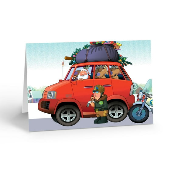 Stonehouse Collection Funny Police Christmas Cards – Santa Pulled Over in Red Car with Reindeer, Sack & Tree – 12-Pack Holiday Cards with Envelopes, 6.25" x 4.5"