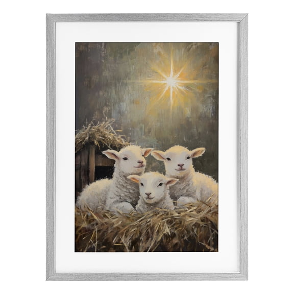 Festive Lambs in Stable Gray Framed Print Under Glass, design by Petal Prints Design