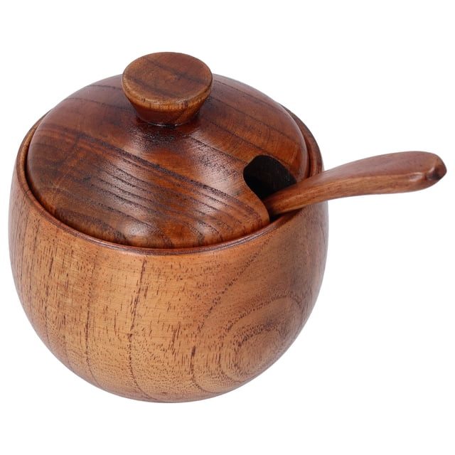 Tarro de condimentos para el hogar con tapa de cuchara, recipiente de sal de madera para el hogar, cocina, restaurante