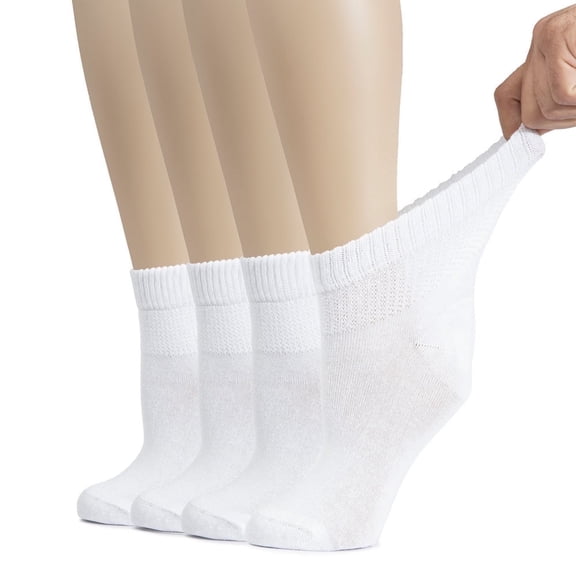 Hugh Ugoli Women's Breathable Cotton Diabetic Ankle Socks, Seamless Toe, Non-Binding Top, 4 Pairs, White, Shoe Size 10-12